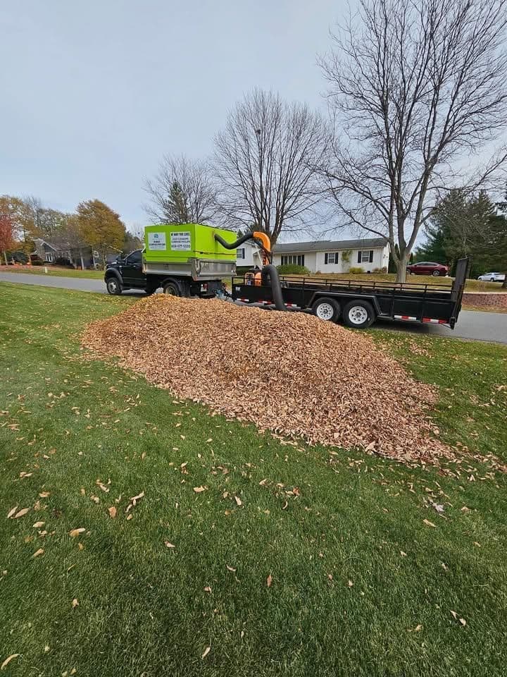 Leaf vacuum truck collecting a large pile of autumn leaves on a residential lawn.